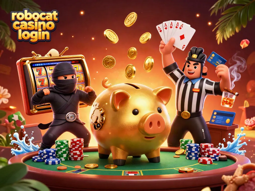 Experience the excitement of robocat casino login with a dynamic 3D scene of gambling action.