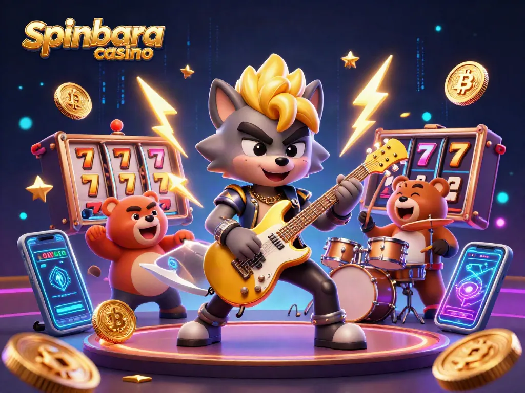 Experience the excitement of spinbara casino with dynamic characters and glowing crypto elements.