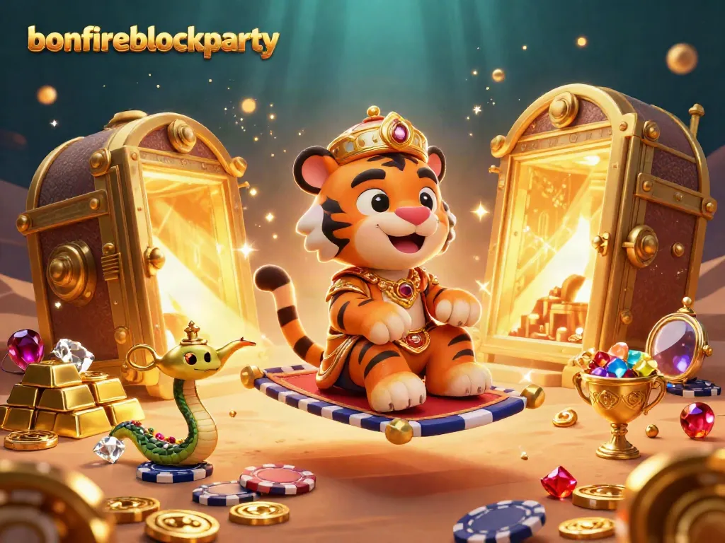 Experience the excitement of bonfireblockparty with a 3D casino scene featuring a tiger sultan and treasure.