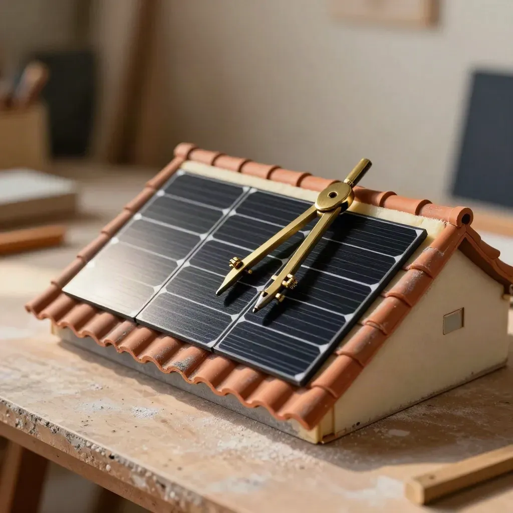 Maqueta de tejado solar con paneles miniatura, compás de latón y aislante claro sobre terracota.