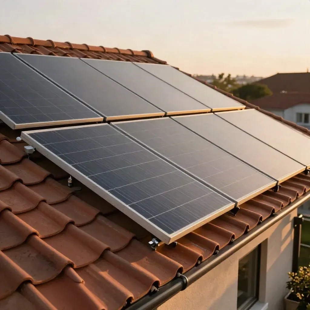 Tejado residencial con paneles solares, inversor compacto y canalización ordenada al atardecer.