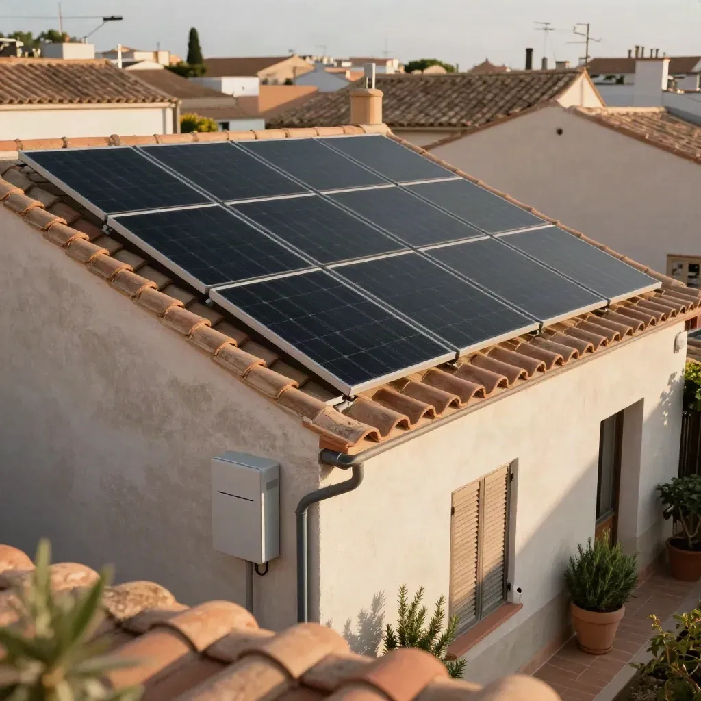 Patio trasero de casa adosada en Valencia con paneles solares y control limpio en la azotea.