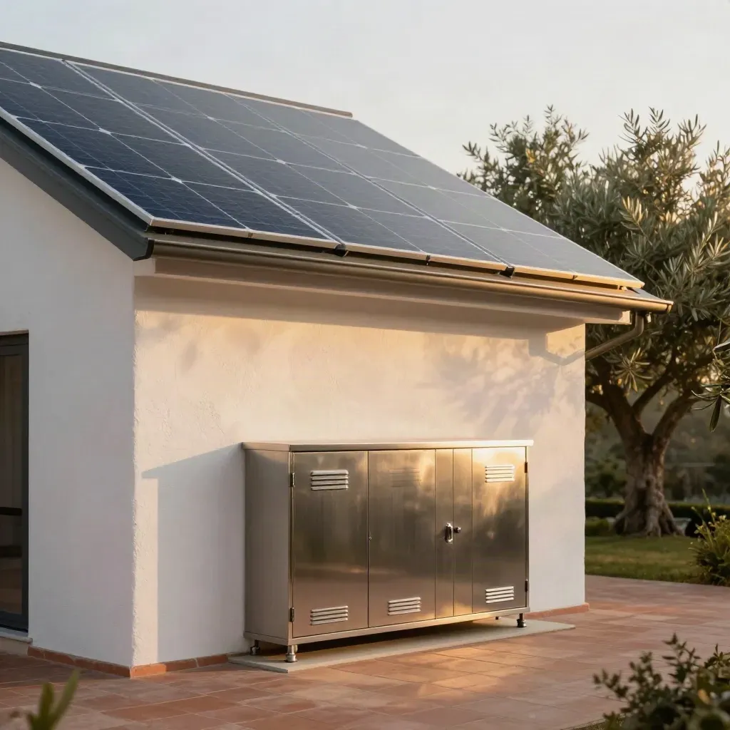 Chalet blanco sevillano con paneles solares y batería, bañado por luz dorada en el patio.