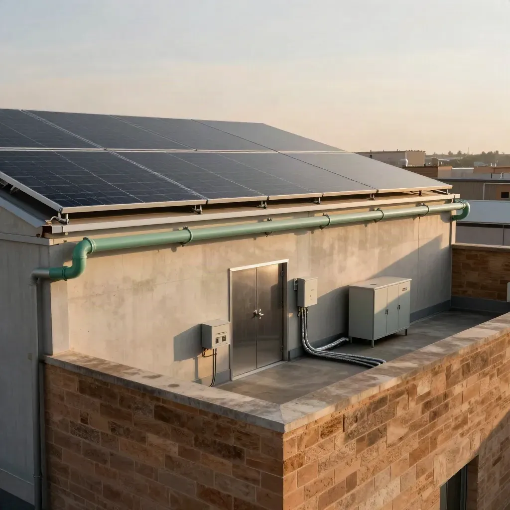 Nave industrial en Zaragoza con paneles solares y cableado limpio hacia inversores.