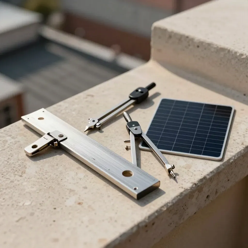 Primer plano de herramientas solares sobre travertino, con inclinómetro, rail, compás y muestra de módulo.