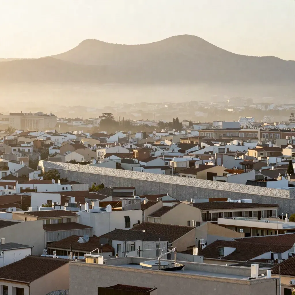 Vista amplia de Madrid al amanecer con tejados bajos y la sierra al fondo bajo niebla alta.