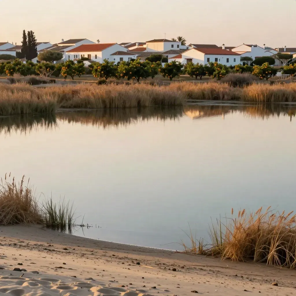 Vista dorada de la Albufera con naranjales, casas bajas y agua tranquila.