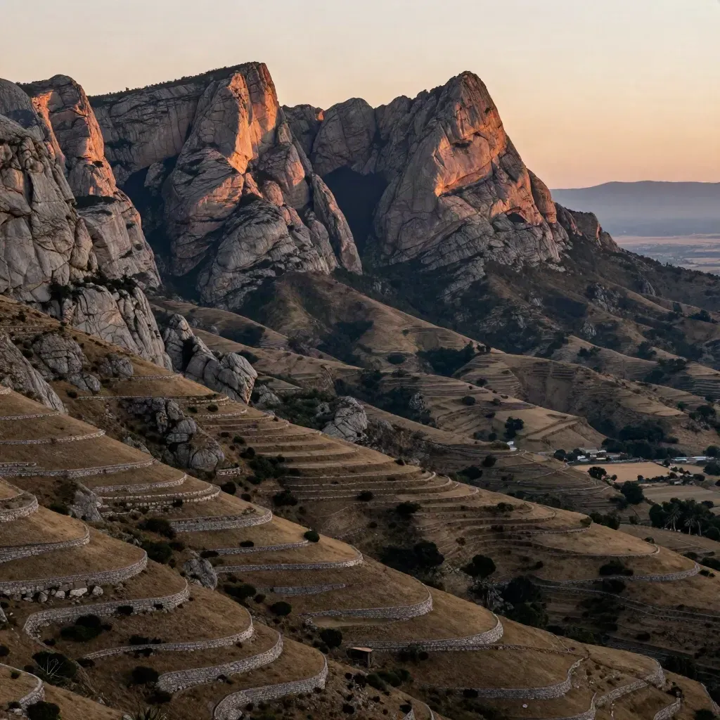 Montserrat al atardecer sobre terrazas de piedra y llanos brumosos, con la montaña en lo alto.